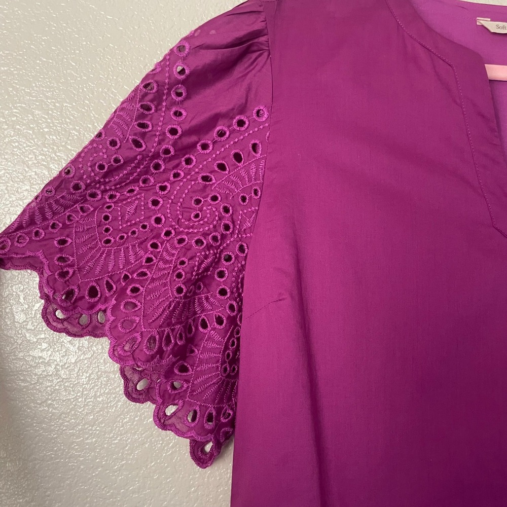 Soft Surroundings Dress XL Petite Purple Midi Eyelet Tiered Belted Cotton Pocket - Picture 6 of 12